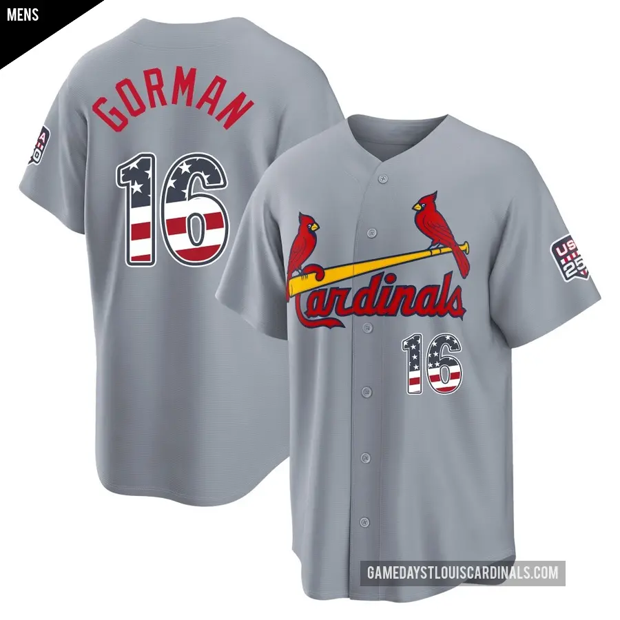 Men's St. Louis Cardinals ＃16 Nolan Gorman Limited Gray USA 250 Fourth Of July Road Stadium Jersey