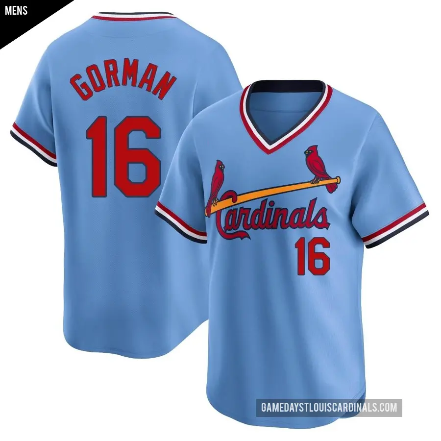 Men's St. Louis Cardinals ＃16 Nolan Gorman Limited Light Blue Cooperstown Collection Jersey