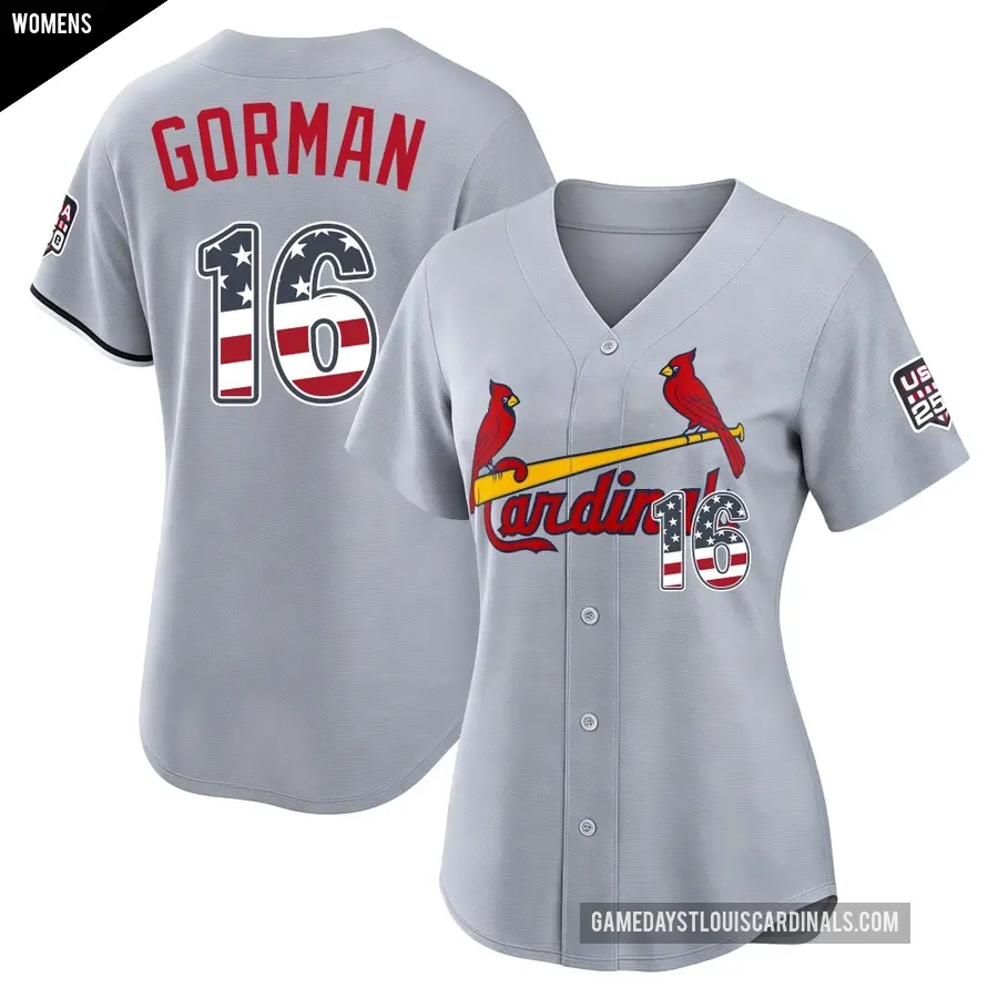 Women's St. Louis Cardinals ＃16 Nolan Gorman Limited Gray USA 250 Fourth Of July Road Stadium Jersey