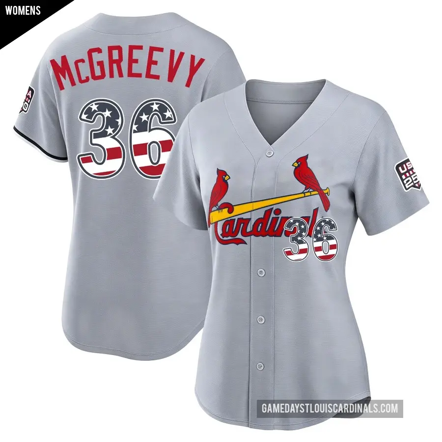 Women's St. Louis Cardinals ＃36 Michael McGreevy Limited Gray USA 250 Fourth Of July Road Stadium Jersey