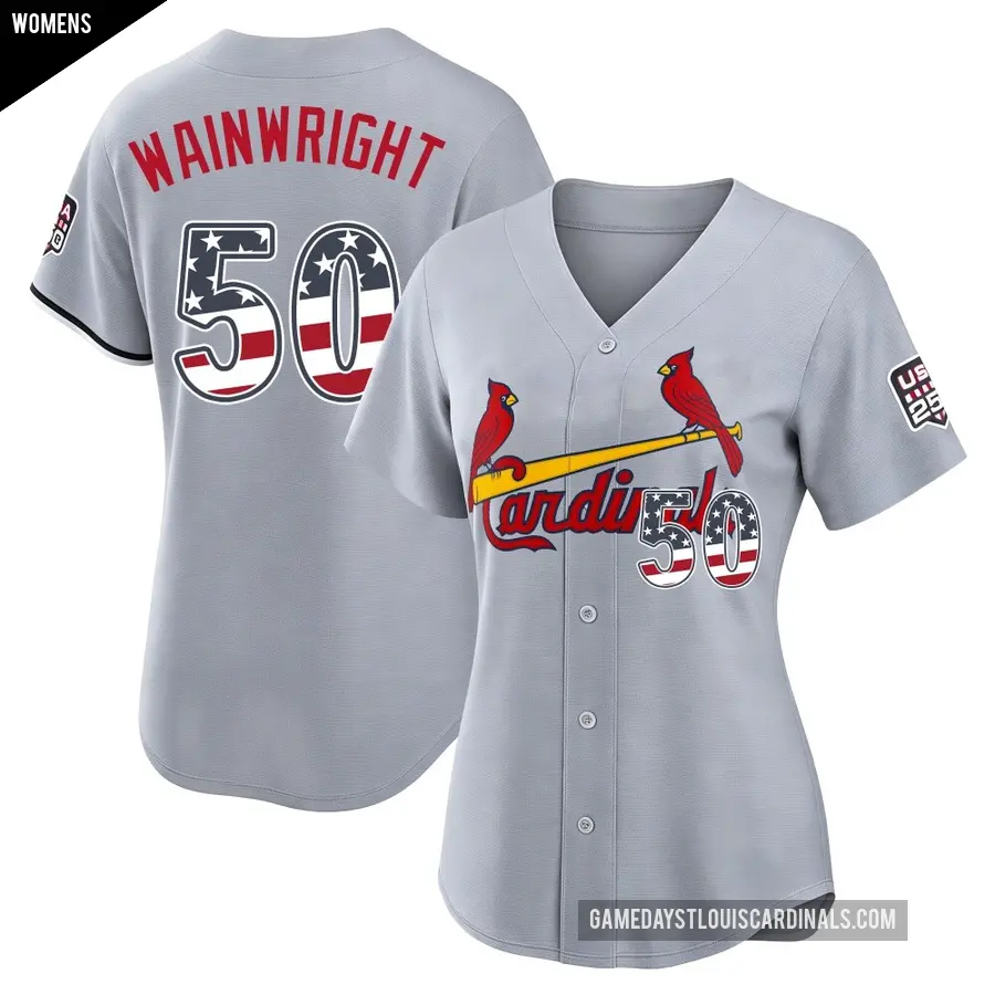 Women's St. Louis Cardinals ＃50 Adam Wainwright Limited Gray USA 250 Fourth Of July Road Stadium Jersey